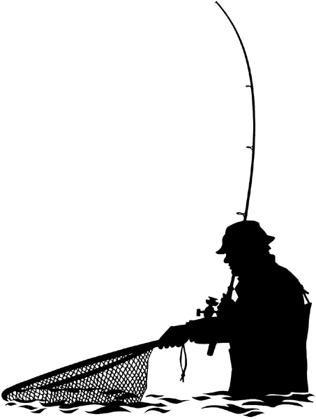 Man in water with fishing pole and net vinyl sticker. Customize on line. Fishing 038-0110